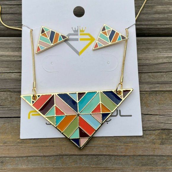 Fruitful Necklaces Gold Tone Geometric Triangle Earring enamel paint Jewelry Set - Picture 9 of 12
